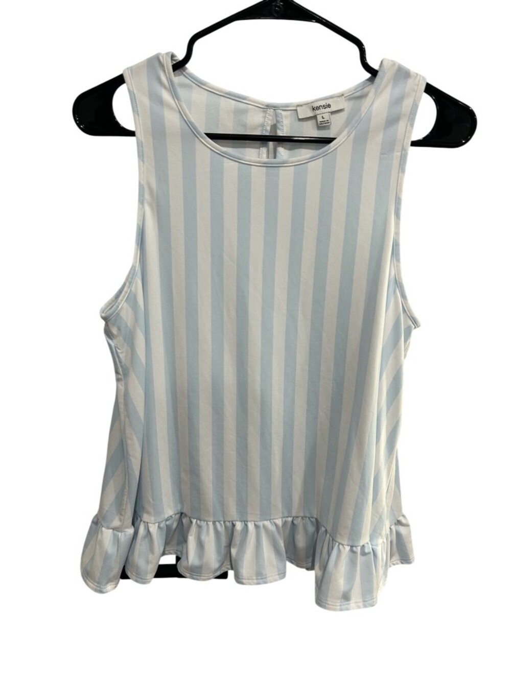 Kensie Blue White Striped Sleeveless Ruffle Hem Top Size L Retro Cottagecore
